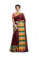 Handloom Pure Dupion Silk Saree With Multicolor Temple Weaving Chacks Border And Highlighted Golden Zari Weaving Checks Pallu (KR2229)